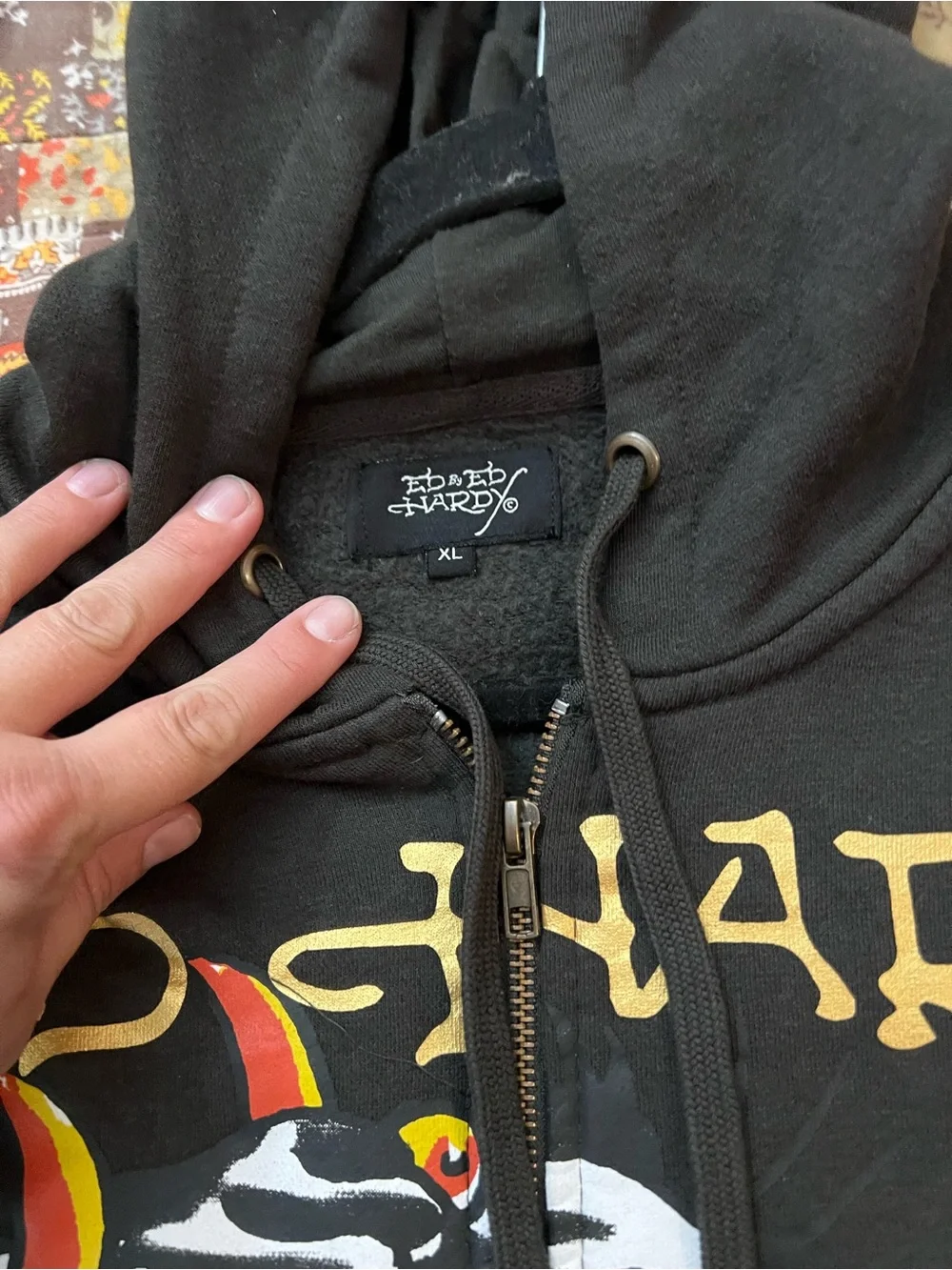 Ed Hardy Zip-Up Hoodie with Tiger & Flame Graphics